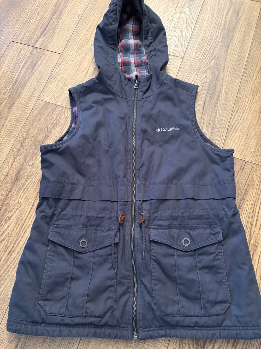 Columbia Hooded Utility Vest Men’s Large Blue Plaid Lined Outdoor Pockets